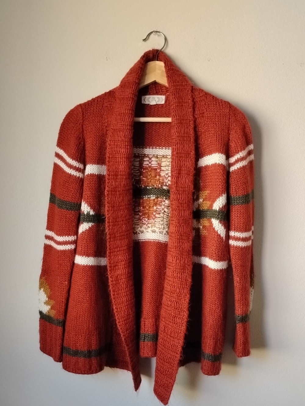 Pink Rose Size M Rust Red Open-Front Shawl Collar Cardigan with Aztec Design